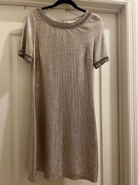 JB by Julie Brown Metallic Champagne Mini Shift Dress w/ Beaded Trim—like new!